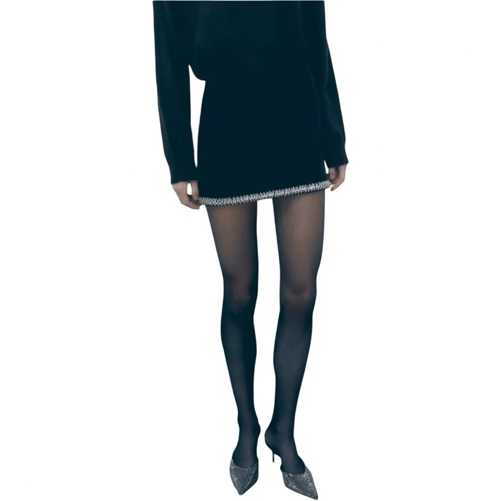 Zara Black Velvet and Rhinestone Trim Mini Skirt Size Large